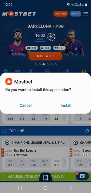 Processo de instalação da Mostbet.