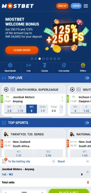 The main page of mostbet sport betting platform.